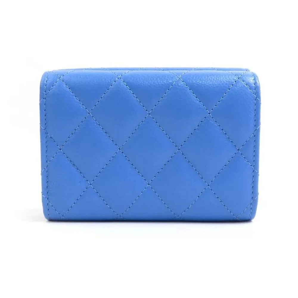 Auth CHANEL Matelasse Trifold Wallet Blue Leather/Silvertone
